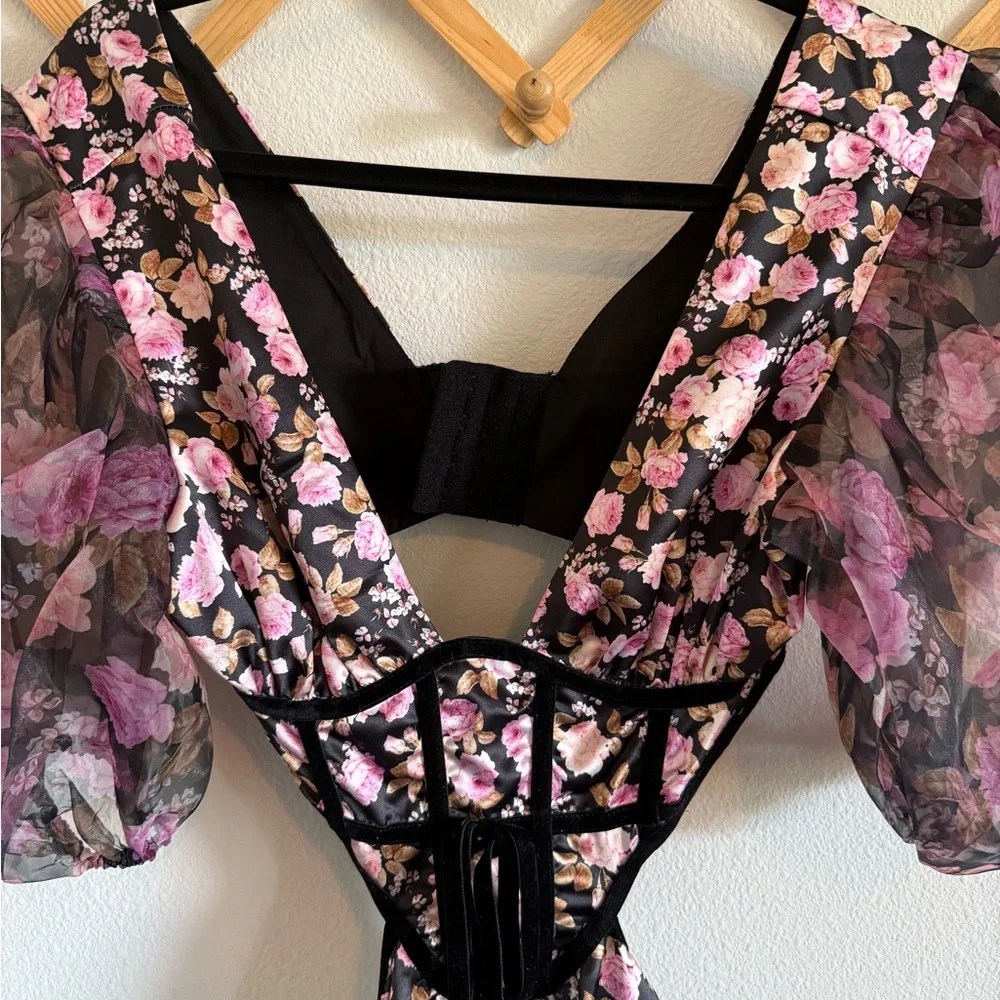 For Love And Lemons Black and Pink Floral Midi Dress - Picture 4 of 5